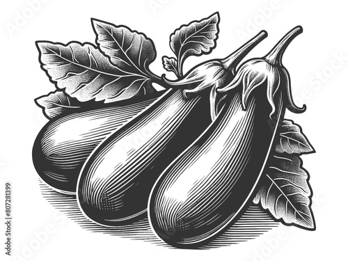 Eggplant vegetable sketch engraving generative ai fictional character vector illustration. Scratch board imitation. Black and white image.