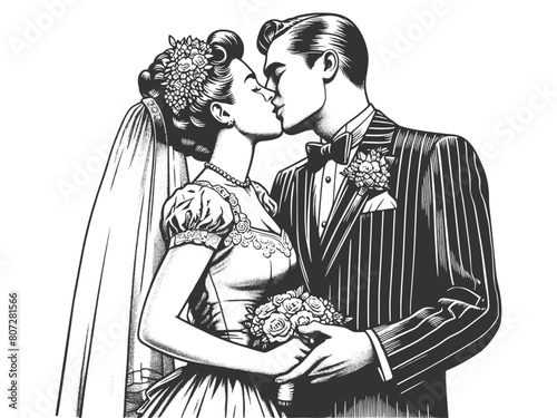 newlyweds couple kiss, romance of bygone era sketch engraving generative ai fictional character vector illustration. Scratch board imitation. Black and white image