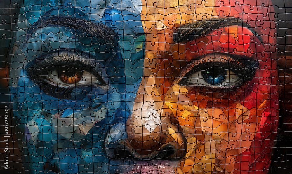 Completed puzzle with a woman's face, close-up.