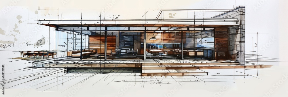 A hand-drawn sketch of a house bursting with an abundance of windows, showcasing a creative and imaginative architectural design concept. Generative AI A hand-drawn sketch of a house bursting with an abundance of windows, showcasing a creative and imaginative architectural design concept. Generative AI