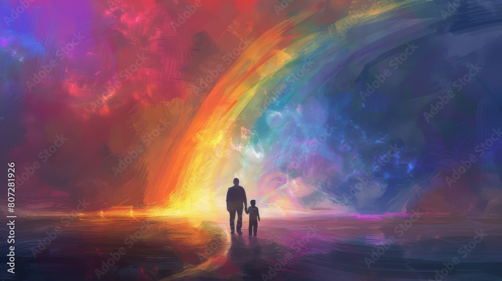 A father and child's bond as a colorful rainbow arching across the sky A father and child's bond as a colorful rainbow arching across the sky