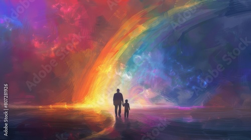 A father and child's bond as a colorful rainbow arching across the sky