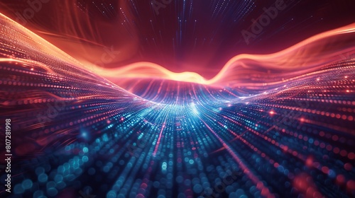 Abstract digital landscape with flowing red waves over a glowing blue particle grid.