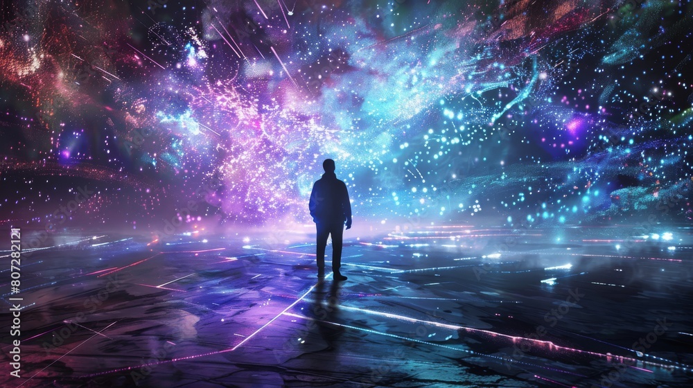 Surreal digital artwork of a solitary figure gazing at a vibrant cosmic explosion of stars and colors.