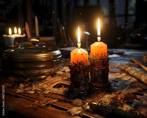Burning candles in a candlestick on a table in a dark room photo