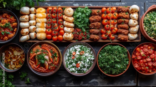 A colorful array of Mediterranean dishes is artfully arranged, showcasing fresh, healthy ingredients and vibrant flavors. The presentation is both rustic and appetizing.