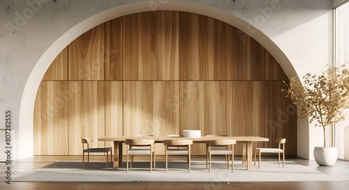 Minimalist interior design of modern dining room with abstract wood paneling arched wall. 