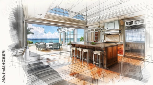 A hand-drawn illustration of a modern kitchen with large windows showcasing a breathtaking view of the ocean. The ocean waves can be seen crashing against the shore in the distance. Generative AI