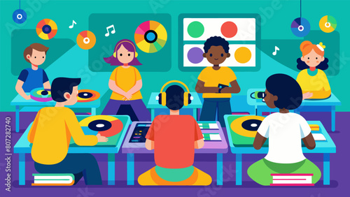 In a colorful classroom colorful vinyl records are tered on desks as young students use them to create their own unique beat. Vector illustration