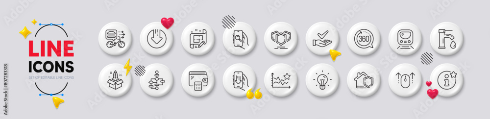 360 degrees, Food delivery and Info line icons. White buttons 3d icons. Pack of Startup, Architect plan, Wallet icon. Metro, Search app, Tap water pictogram. Vector 360 degrees, Food delivery and Info line icons. White buttons 3d icons. Pack of Startup, Architect plan, Wallet icon. Metro, Search app, Tap water pictogram. Vector
