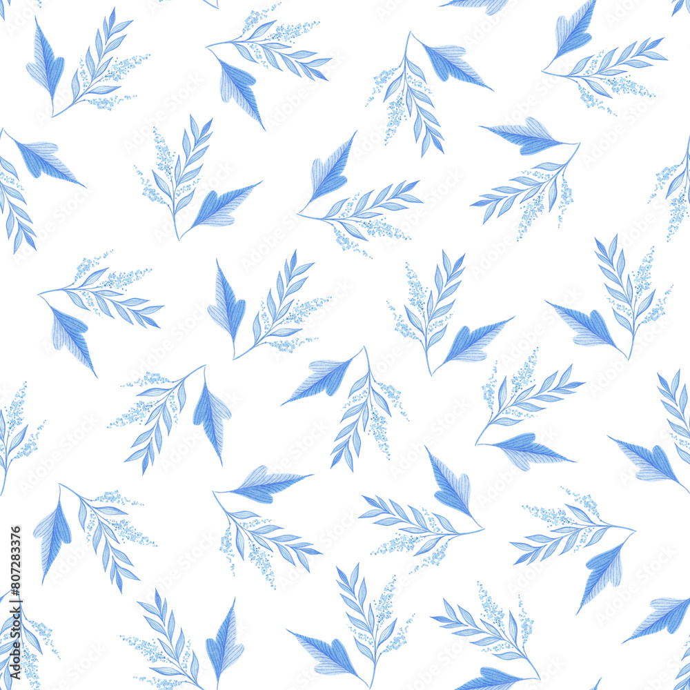 Botanical seamless pattern illustration with blue and azure branches , leaves and cherry flowers over a white background. Spring and summer theme. Botanical seamless pattern illustration with blue and azure branches , leaves and cherry flowers over a white background. Spring and summer theme.