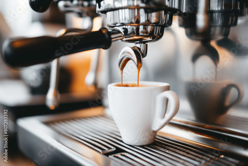 Espresso coffee machine pours espresso coffee into a white cup photo