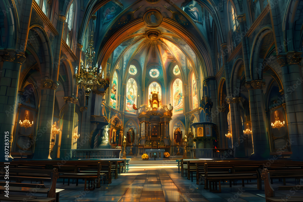 An illustration of the interior of a beautiful church