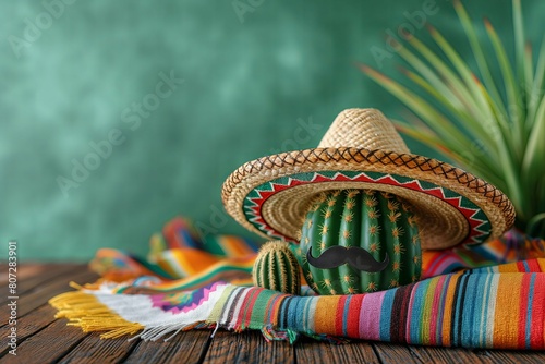 Cinco de Mayo Mexican holiday party banner Cactus with sombrero hat  against a wooden wall. Copy space for text or design.