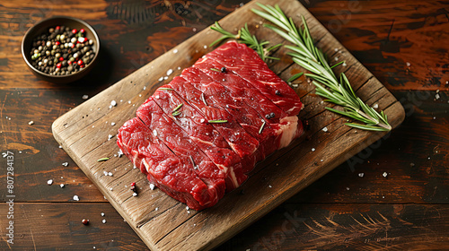 Raw marbled beef steak lie on a wooden cutting board  sprinkled with seasonings and a sprig of rosemary on a black background. view from above.