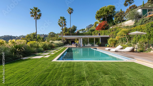 Luxury backyard with pool and lush greenery © lermont51