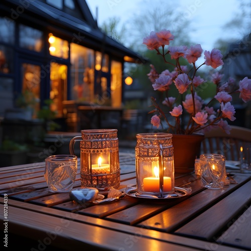 Candles and flowers on a wooden table in a terrace.