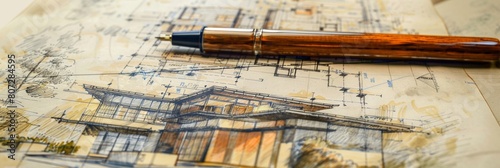 A pen delicately rests on top of a detailed drawing of a house, showcasing the process of designing and planning a project renovation. Generative AI