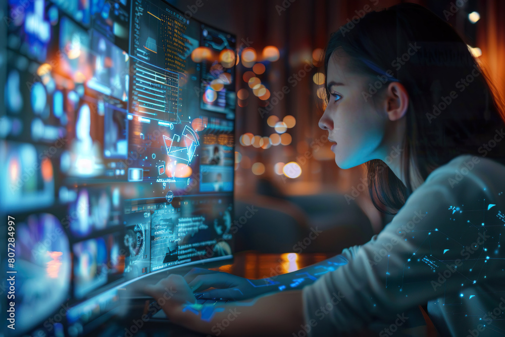 Woman Analyzing Data on Multiple Screens Woman Analyzing Data on Multiple Screens