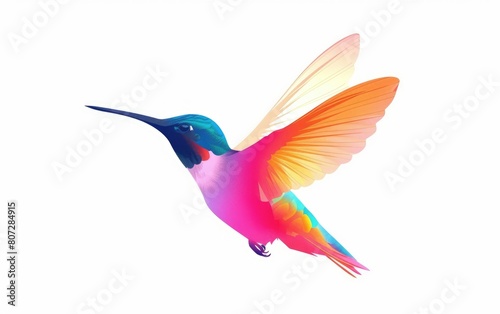 Brightly colored hummingbird in flight, isolated on white background.