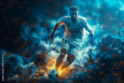 Soccer player in action with a burst of fire