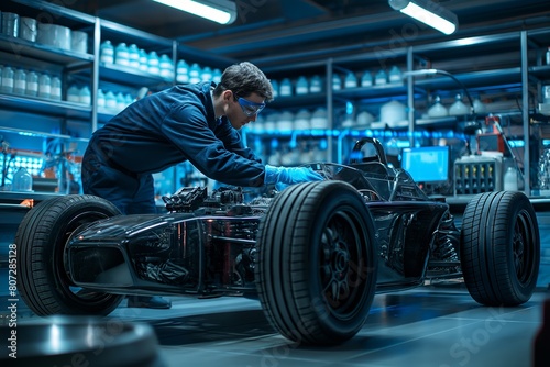 Engineer working on a racing car engine