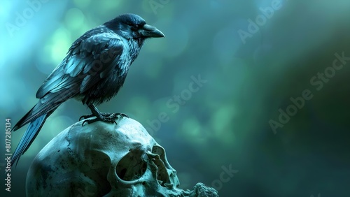 Scavenger bird with black feathers perched on large skull creates haunting scene. Concept Dark and Eerie Photography, Bird of Prey Portraits, Skull Still Life, Haunting Composition