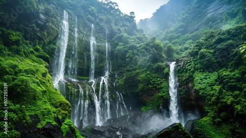 Beautiful waterfall on the plain. Mountain valley waterfall. view of waterfall in green valley © bo