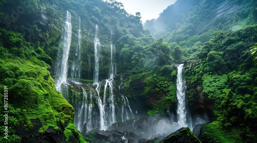 Beautiful waterfall on the plain. Mountain valley waterfall. view of waterfall in green valley