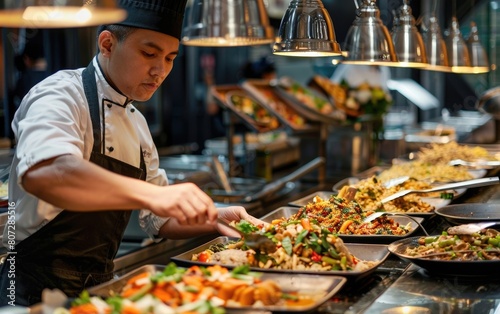 Chef serving food at a busy buffet station.