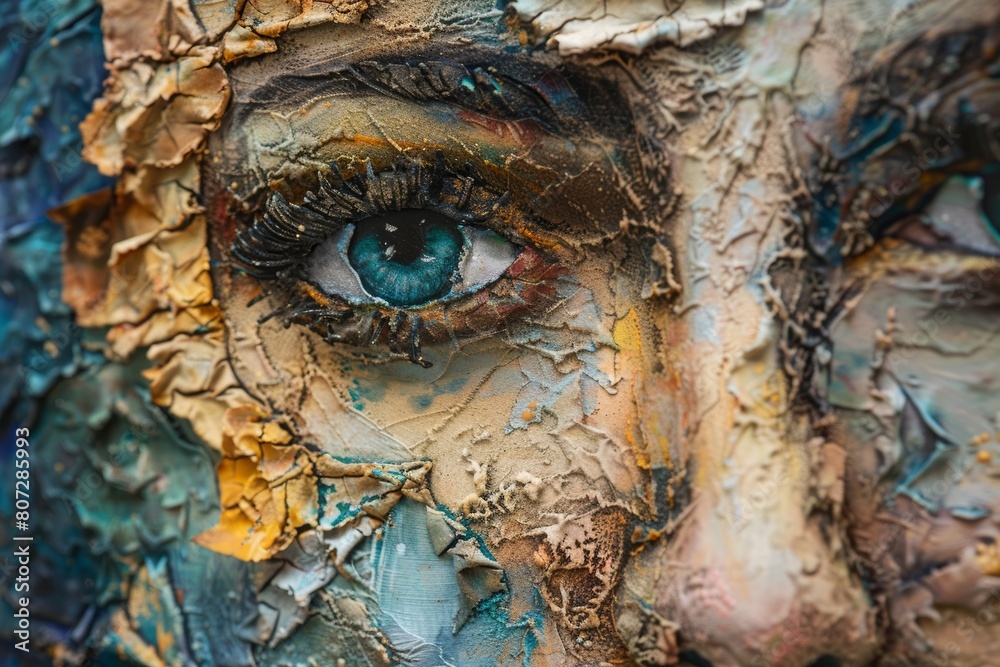 A painting of a woman's face with a blue eye and a yellowish brown background A painting of a woman's face with a blue eye and a yellowish brown background