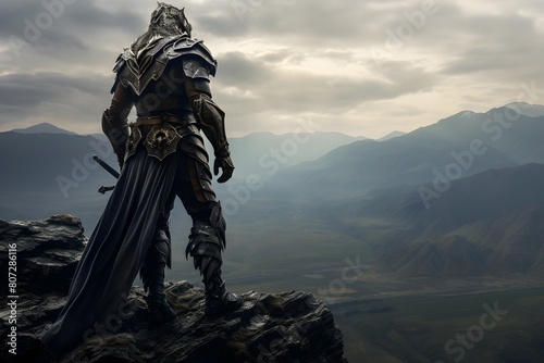 Fantasy landscape with a knight in armor and armor on the background of the mountains