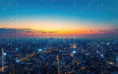 Cityscape at twilight with glowing connectivity lines.
