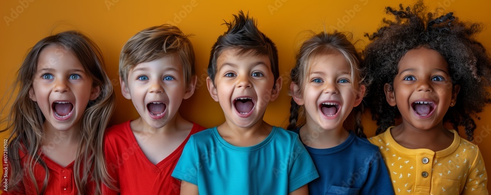 Group of diverse excited children against orange