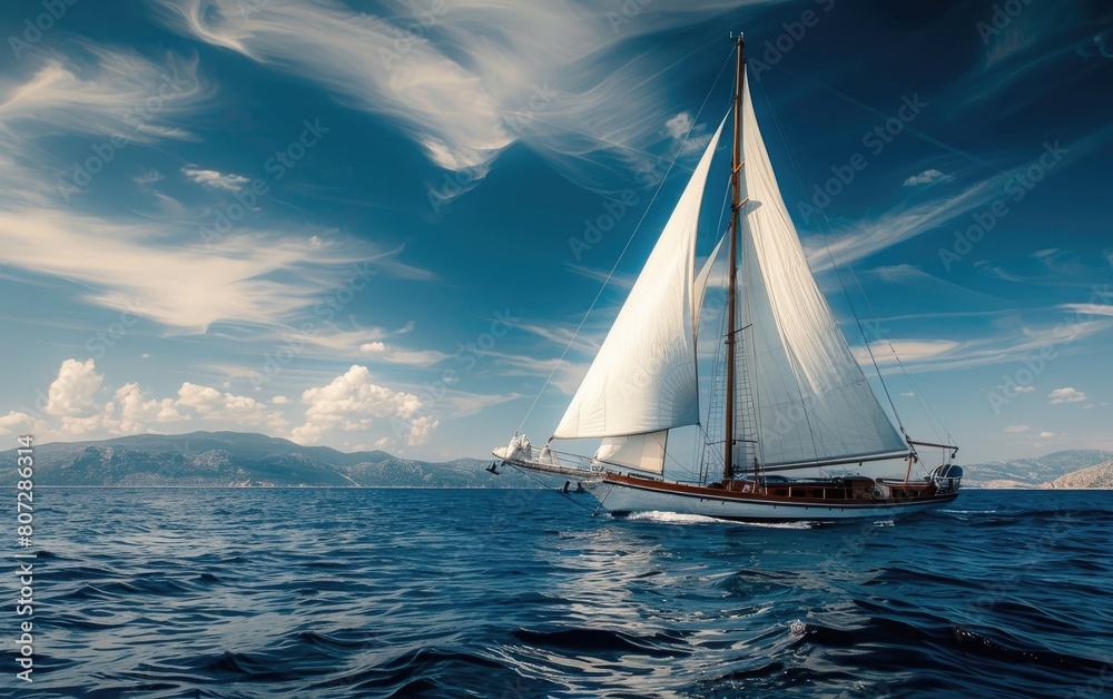 Classic sailboat with large white sails gliding on the blue sea.