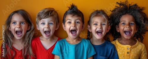 Group of diverse excited children against orange © gearstd