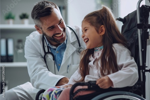Caring Doctor Sharing a Laugh with Young Girl in Wheelchair