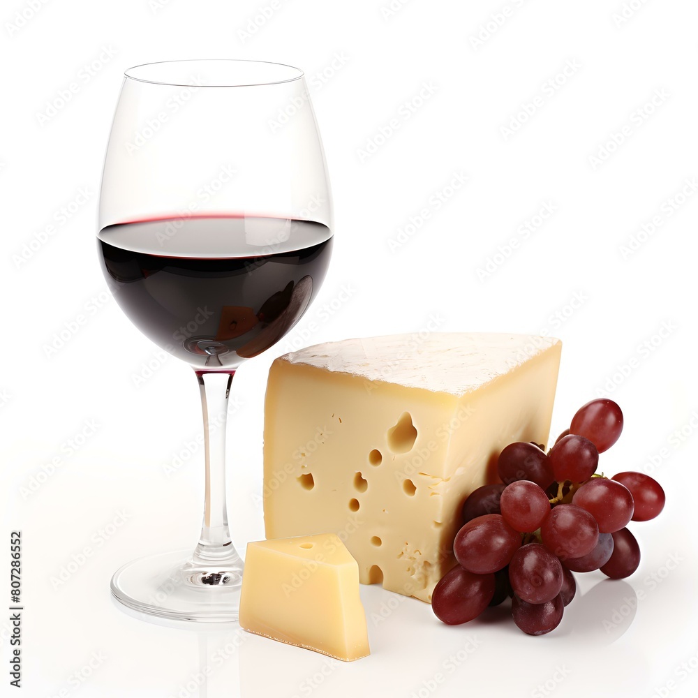 Glass of red wine, cheese block, and grapes on a white background Glass of red wine, cheese block, and grapes on a white background