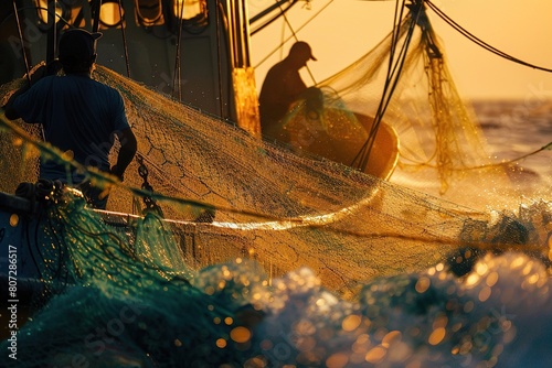 Fishermen at Sunset: Casting Nets on a Fishing Boat