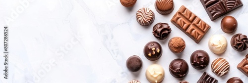 horizontal banner  different types of chocolate and chocolates  lots of sweets  top view  confectionery factory  light background  copy space  free space for text