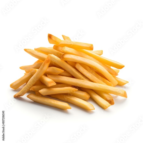 Heap of crispy golden french fries on a clean white background