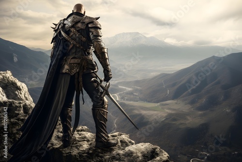 Knight in armor on the top of the mountain. 3d rendering