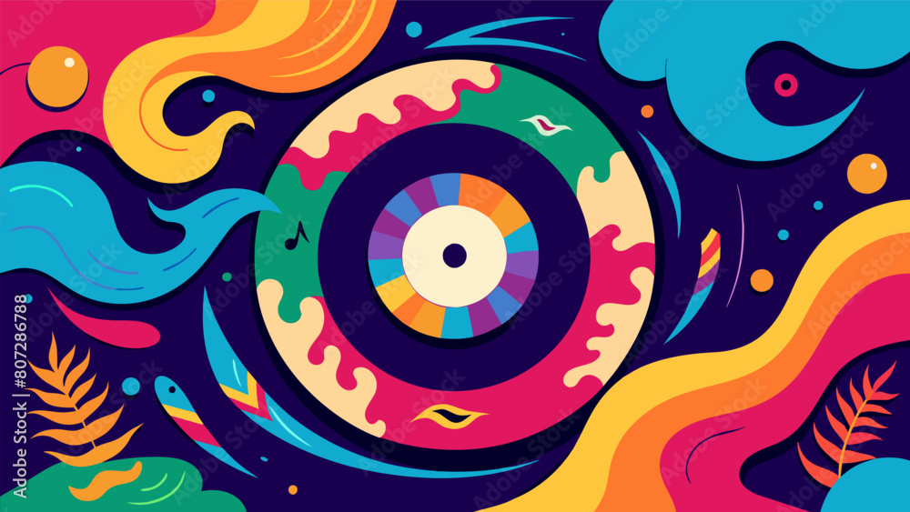Fototapeta premium Vibrant colors and swirling patterns adorn a record sleeve hinting at a fantastical world waiting to be discovered within the grooves. Vector illustration