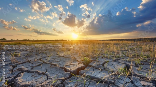 A desolate desert landscape with a sun setting in the background