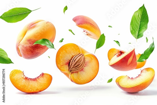 Juicy peaches falling with green leaves, isolated on white background. Defocusing peach slices