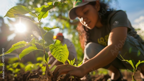 A group of people are planting trees in a field