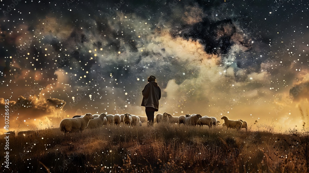 Fototapeta premium Surreal double exposure shepherd, flock, starry night