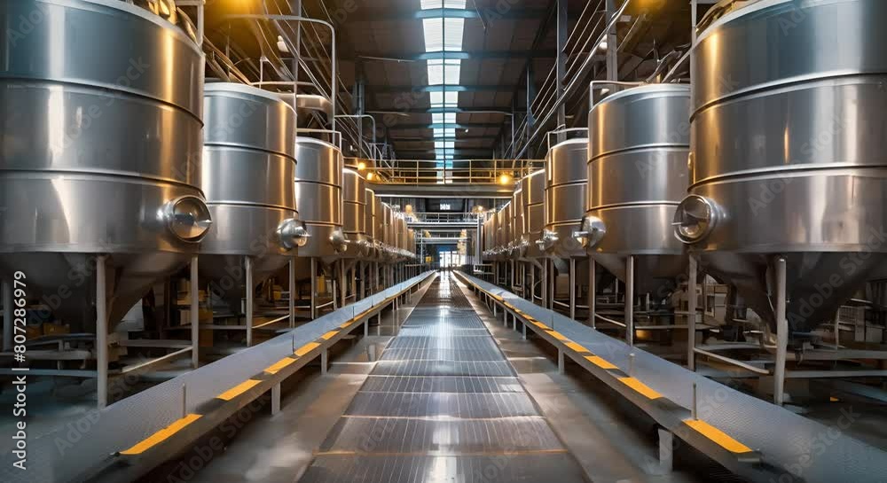 Steel fermentation tanks in modern alcohol production factory hall. Concept Modern Factories, Industrial Equipment, Manufacturing Processes, Steel Tanks