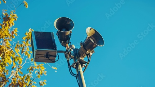 Loudspeakers on pole, alarm siren in city. Two public address system speakers photo