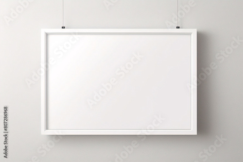 Marco vertical rectangular ligero y delgado colgado en una pared con textura blanca, plano, vista superior, ilustración 3D. photo